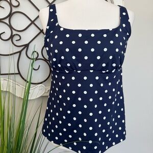 LANDS’ END Size 14 Navy Blue Polka Dot Tankini Swimsuit Top with Underwire